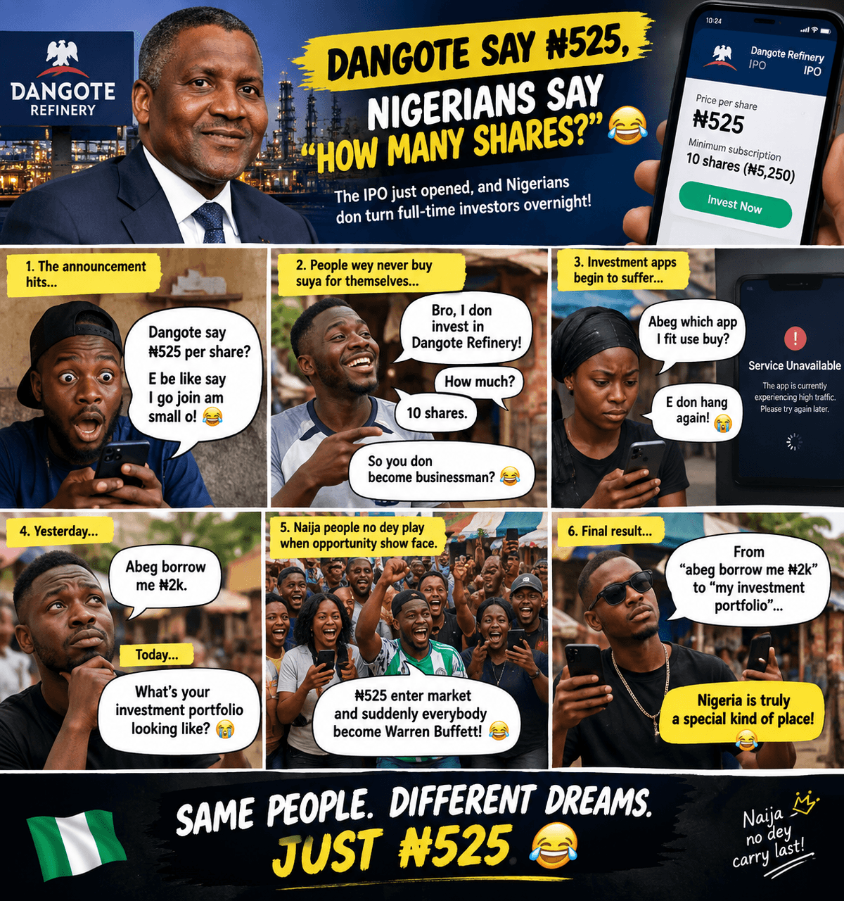DANGOTE SAY ₦525, NIGERIANS SAY “HOW MANY SHARES?😂